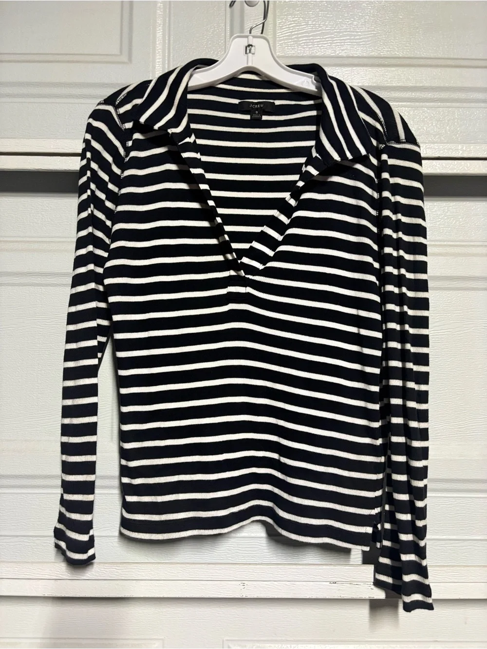 J. Crew Black and White Striped Long-Sleeve Polo Knit